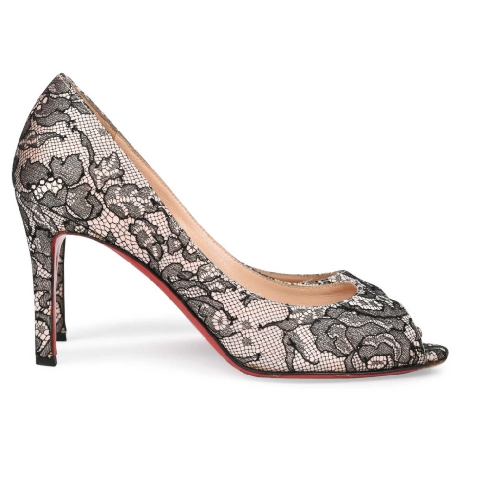 Christian Louboutin Black Lace and Nude Satin Peep Toe Heel, 85mm Size 39.5